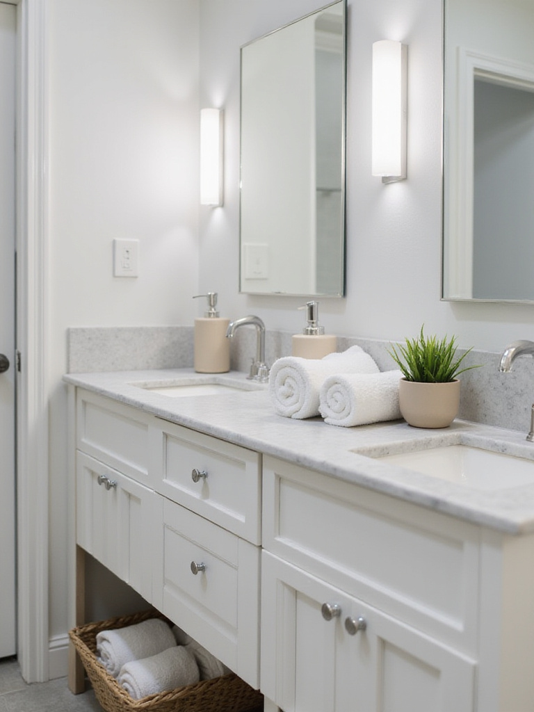 Coordinated bathroom accessories including soap dispenser, toothbrush holder, towels, and storage basket in a minimalist spa-like bathroom.