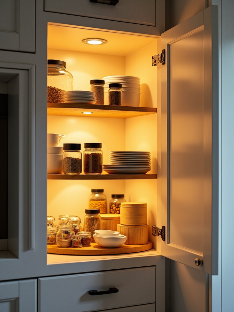 Corner kitchen cabinet with a two-tiered wooden Lazy Susan filled with organized spices and baking supplies.