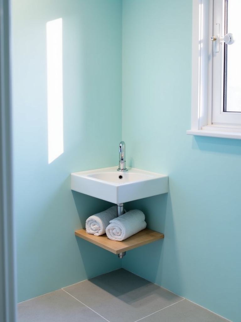 Small bathroom with a corner sink and open shelving for space-saving storage.