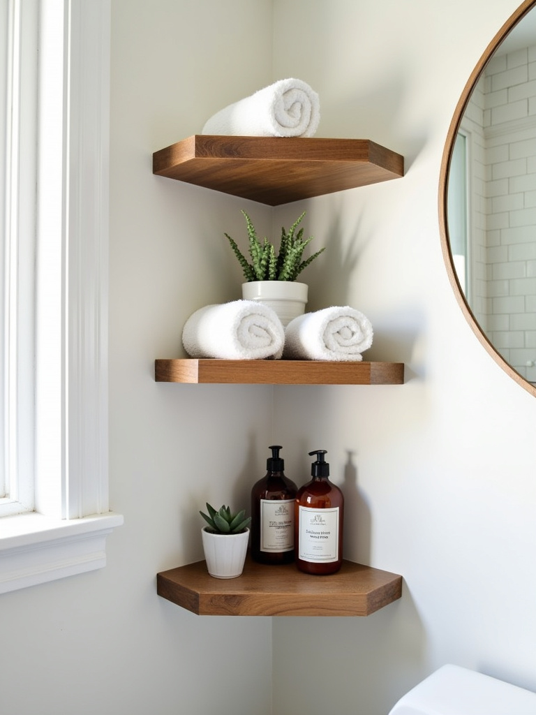 Corner bathroom shelves with towels, plants, and stylish storage
