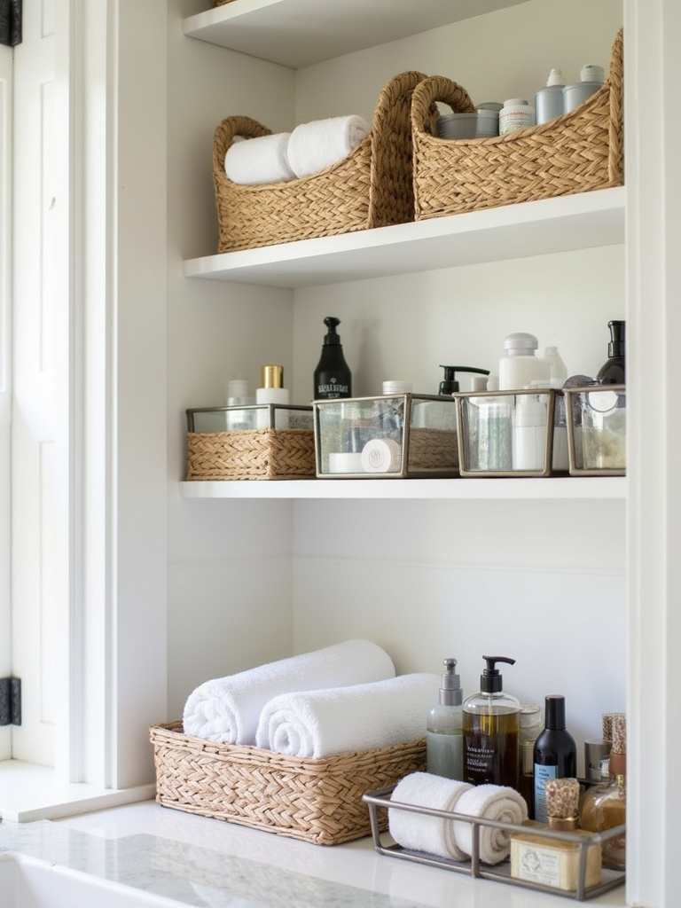 Bathroom storage with chic baskets and bins to organize clutter.