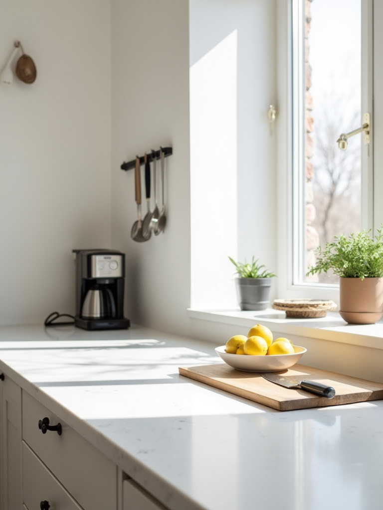 Clean and uncluttered apartment kitchen countertops with minimal essential items, creating a spacious feel.