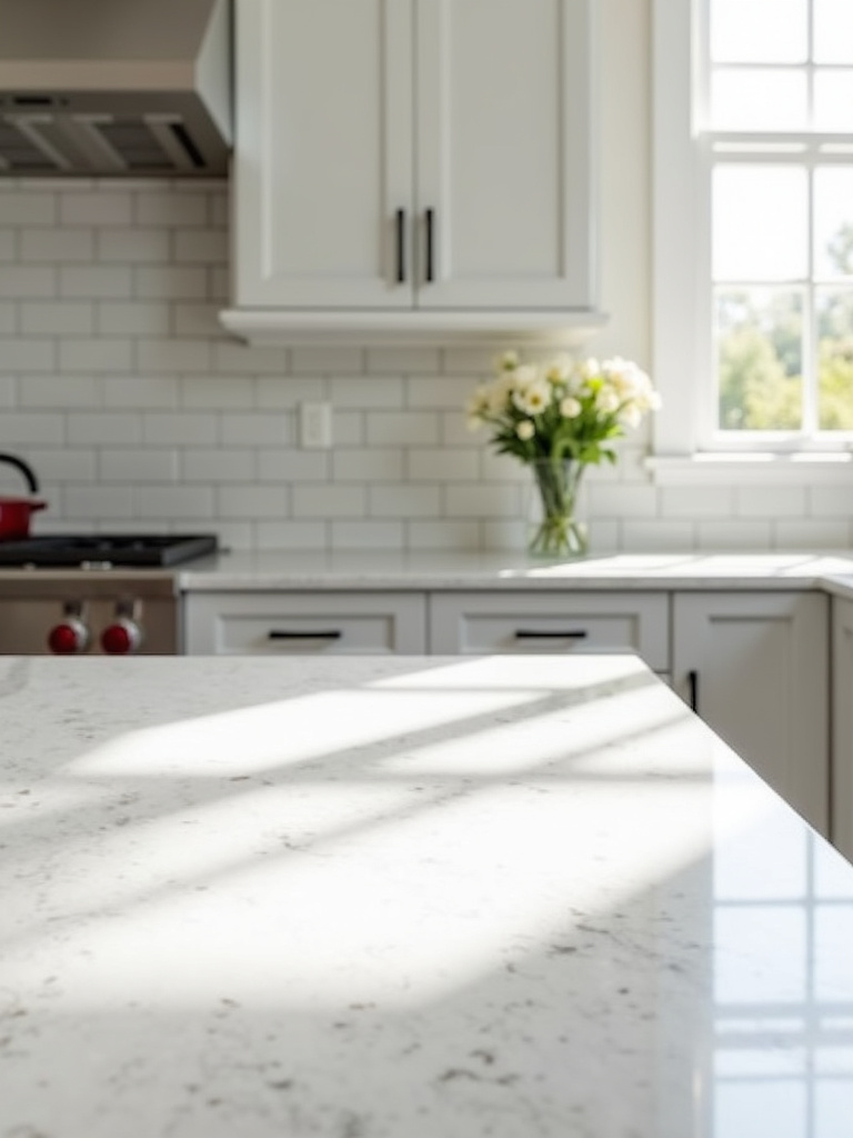 Modern kitchen with white quartz countertop and gray cabinets