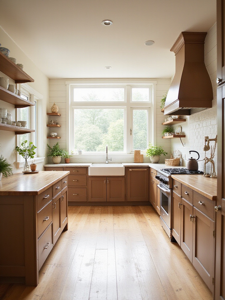 Cozy brown farmhouse kitchen with wood cabinets and butcher block island.