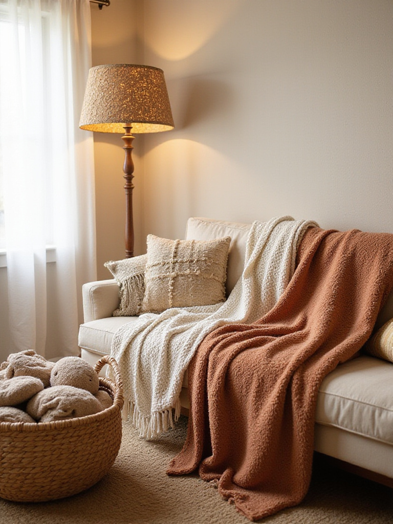 Boho living room with layered textured throws and blankets creating a cozy and inviting atmosphere.