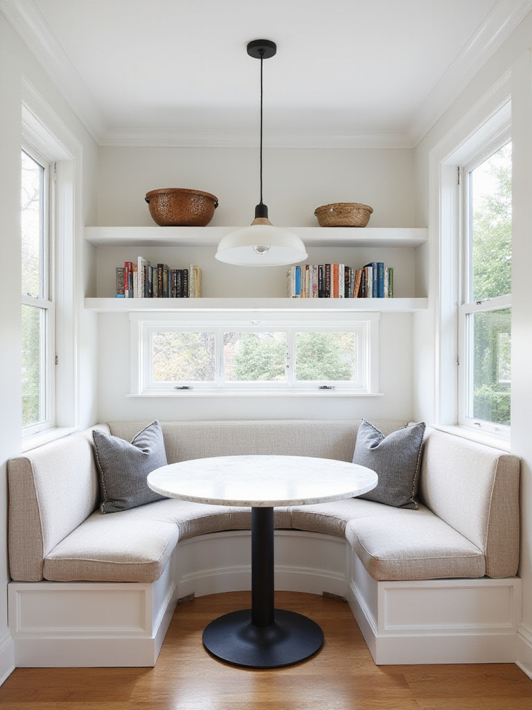 Luxury kitchen with custom-designed breakfast nook featuring a curved banquette and marble table.