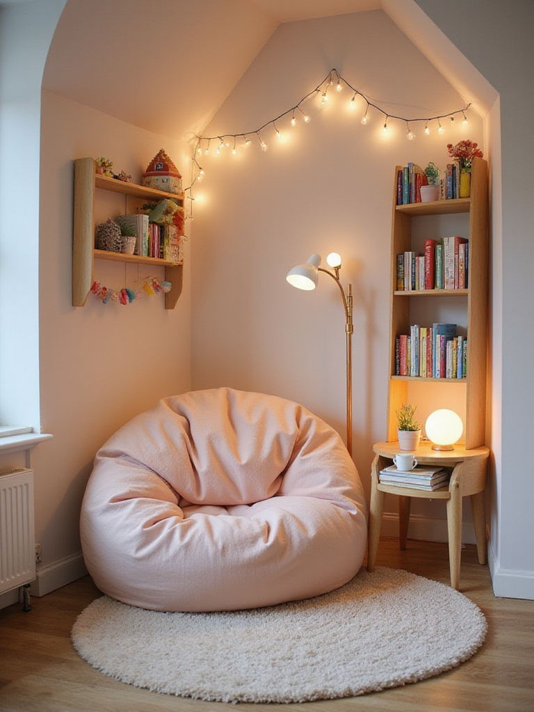 Cozy reading nook with beanbag chair, fairy lights, and bookshelf in a girl's bedroom