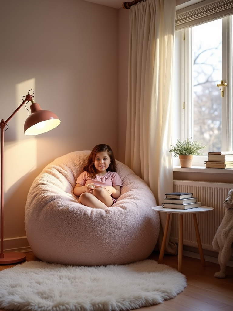 Cozy teen bedroom reading nook with beanbag chair, plush pillows, and warm lighting.