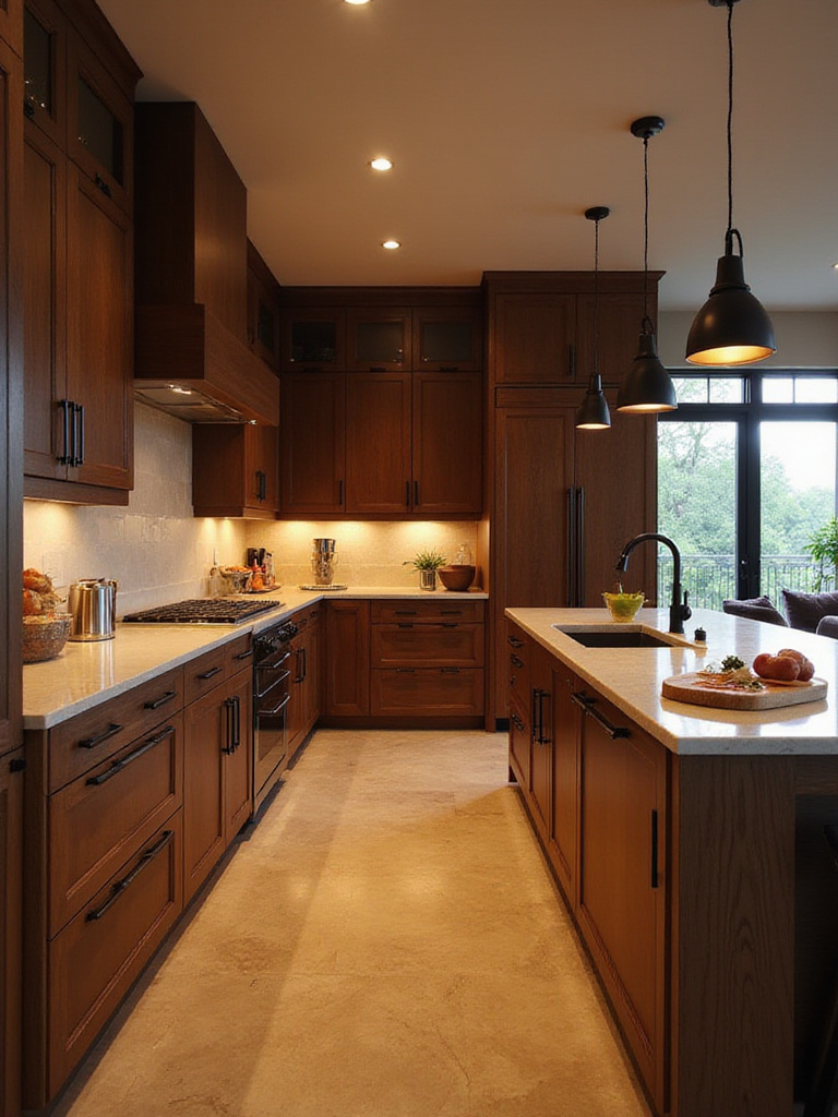 Luxury kitchen featuring custom-designed dark wood cabinetry with minimalist hardware.