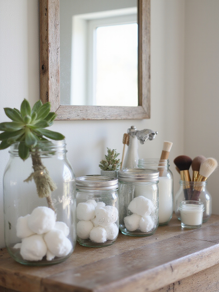 Farmhouse bathroom vanity with mason jar storage solutions.