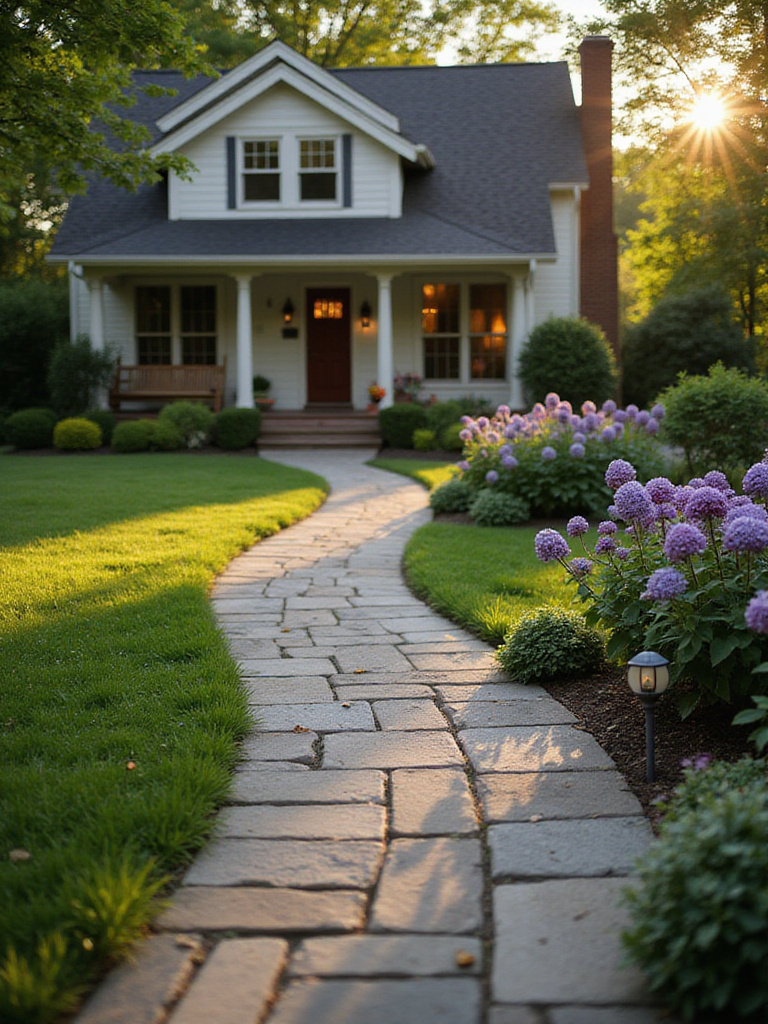 Welcoming flagstone walkway leading to a Craftsman style home with flower beds and landscape lighting.