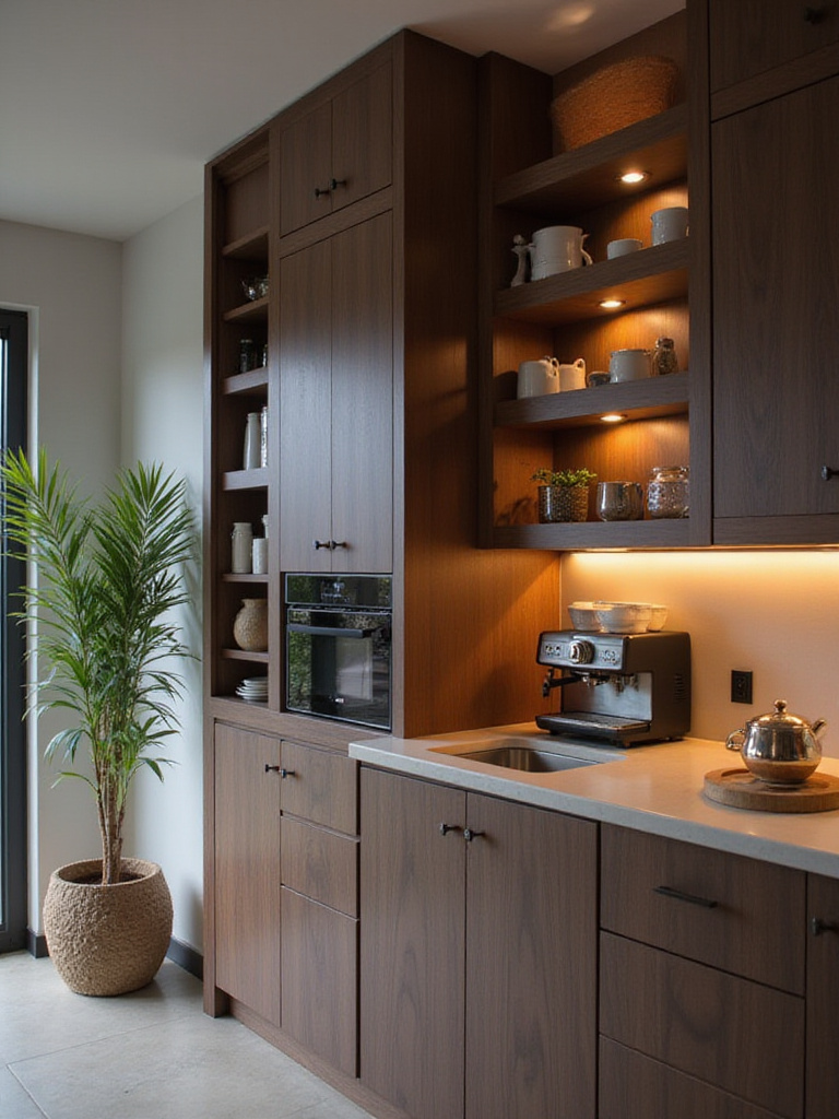 Modern kitchen with a dedicated coffee station and built-in espresso machine.