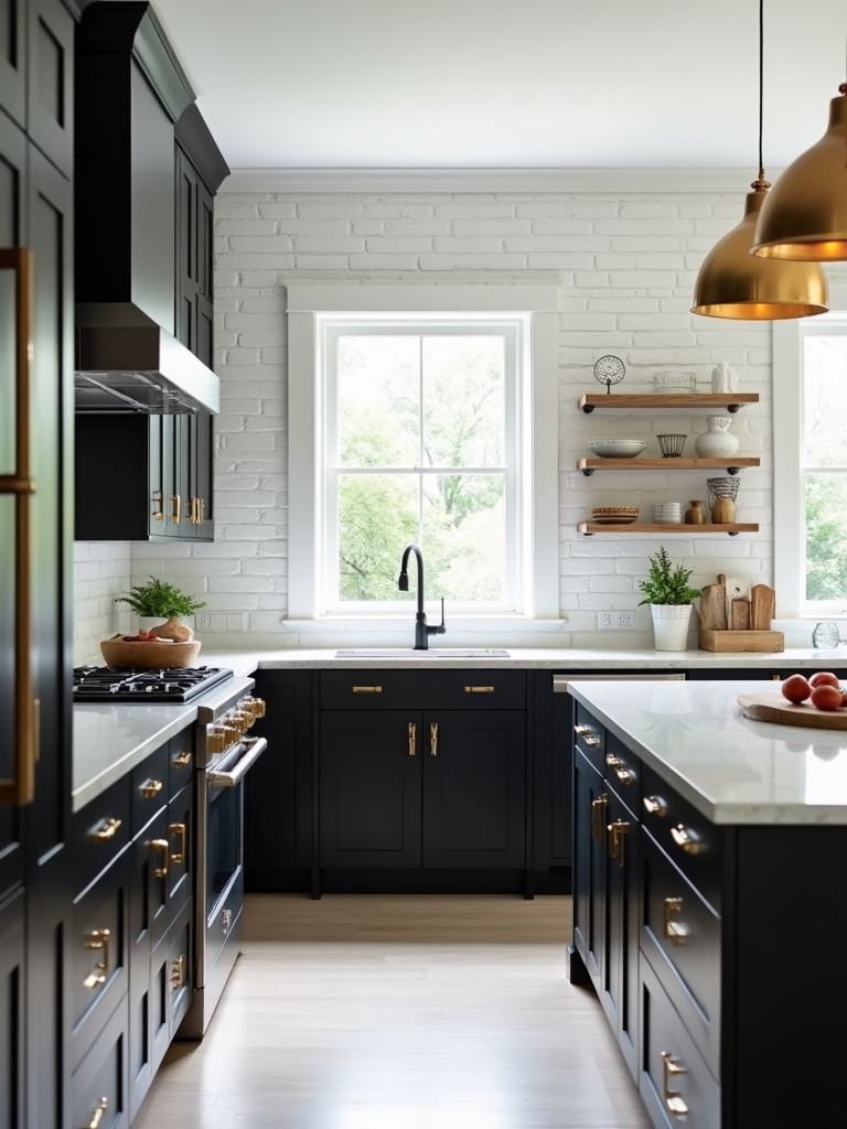 Black kitchen cabinets with white quartz countertops and gold hardware in a modern kitchen.