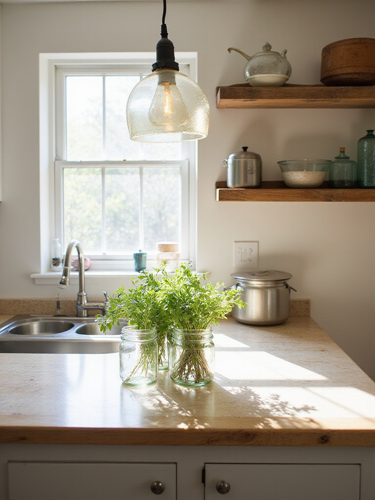 Upcycled kitchen decor featuring mason jar herb planters and reclaimed wood shelving.