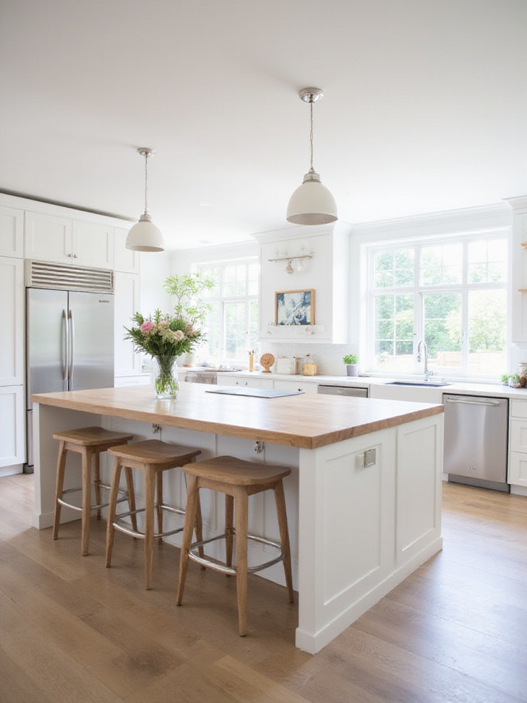 Modern kitchen with a large white island featuring a waterfall countertop and bar stools.