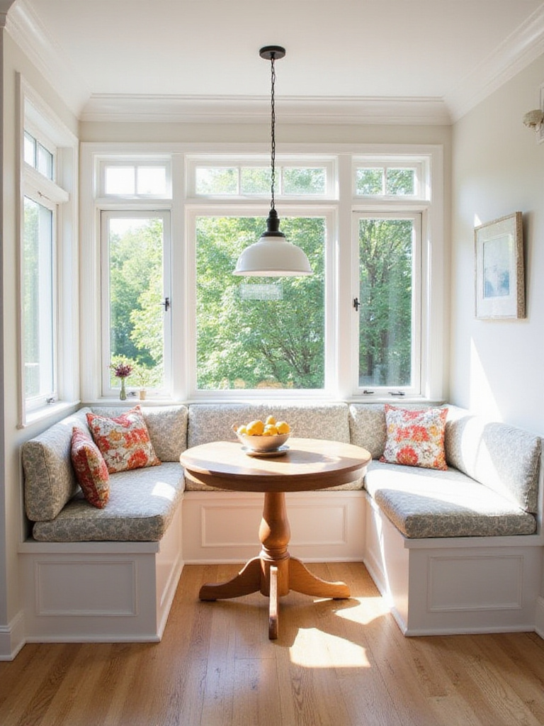 Charming kitchen breakfast nook with banquette seating and round table.