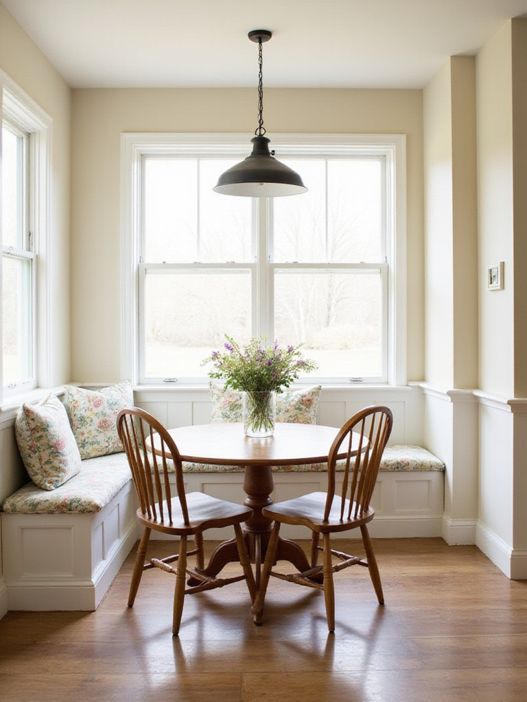 Cozy farmhouse kitchen breakfast nook with banquette seating and natural light