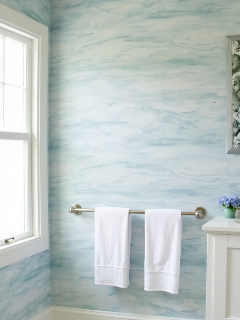 Coastal bathroom feature wall with watercolor wave wallpaper, adding pattern and a serene ocean-inspired element.