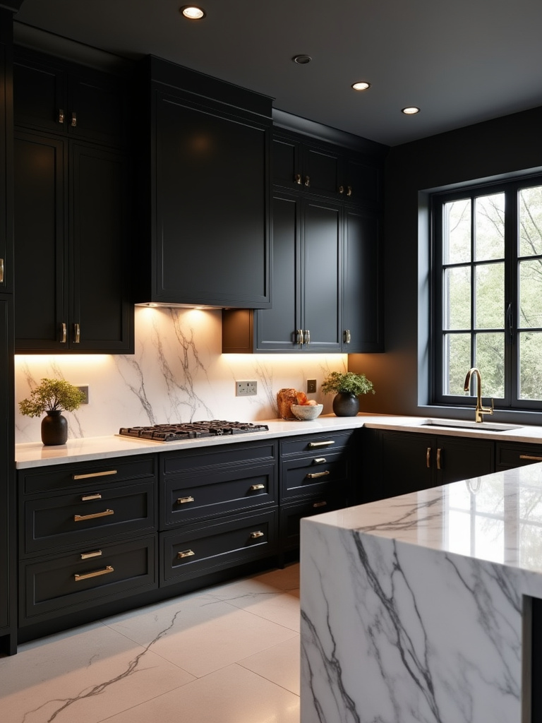 Luxurious all-black kitchen with white marble island and brass hardware