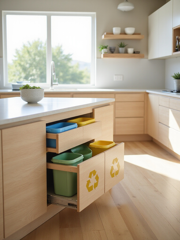 Modern kitchen island featuring a pull-out recycling station with labeled bins for easy sorting.