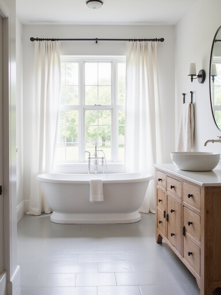 Serene farmhouse bathroom with neutral color palette featuring white walls, gray tile, and a wooden vanity.