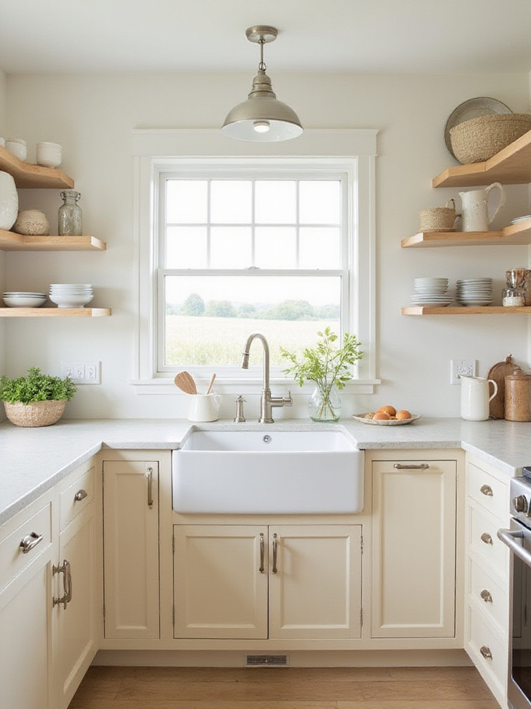 Serene farmhouse kitchen with neutral color palette and natural wood cabinets.
