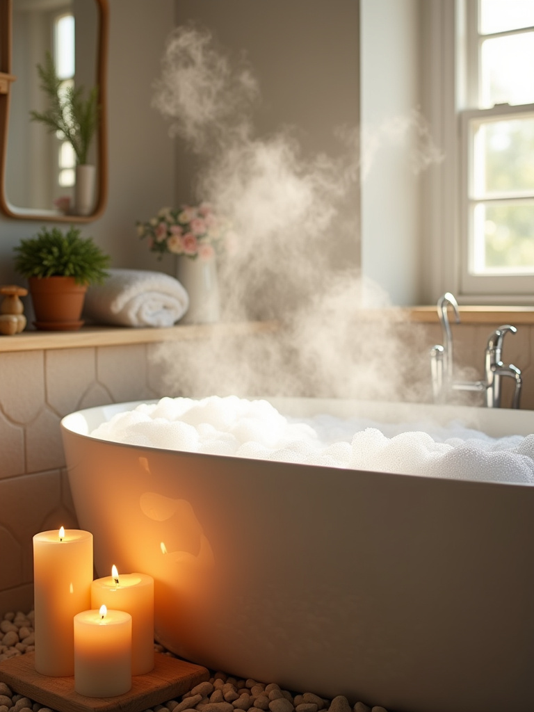 Scented candles creating a spa ambiance in a luxurious bathroom