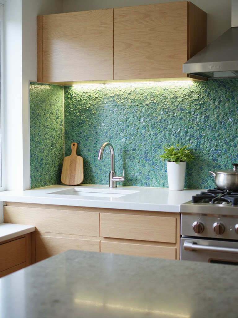 Green kitchen backsplash featuring a mosaic of recycled glass tiles and natural river stones.