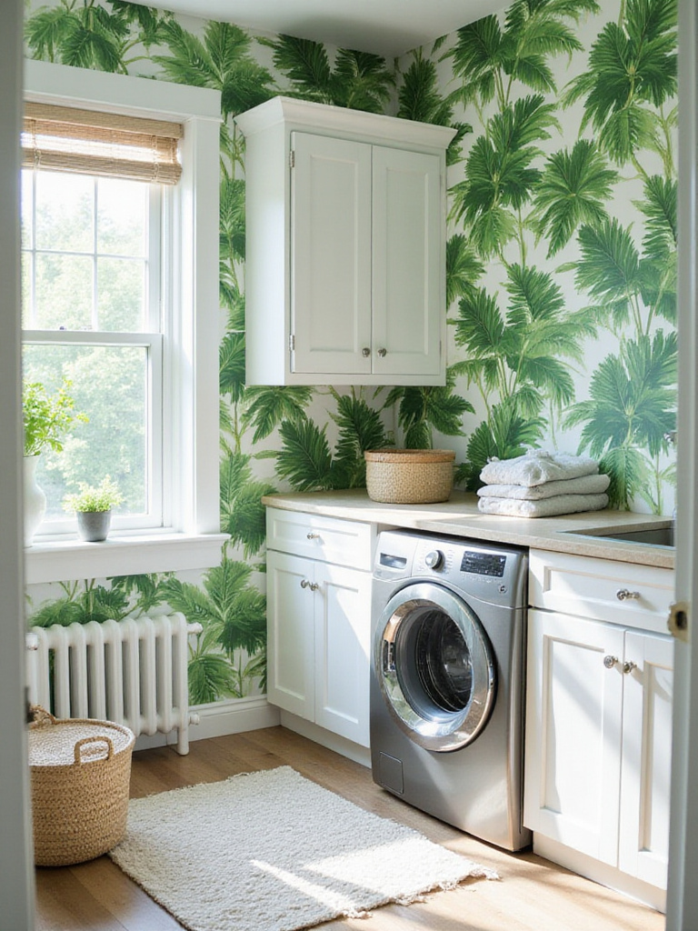 Laundry room with lush green tropical leaf wallpaper