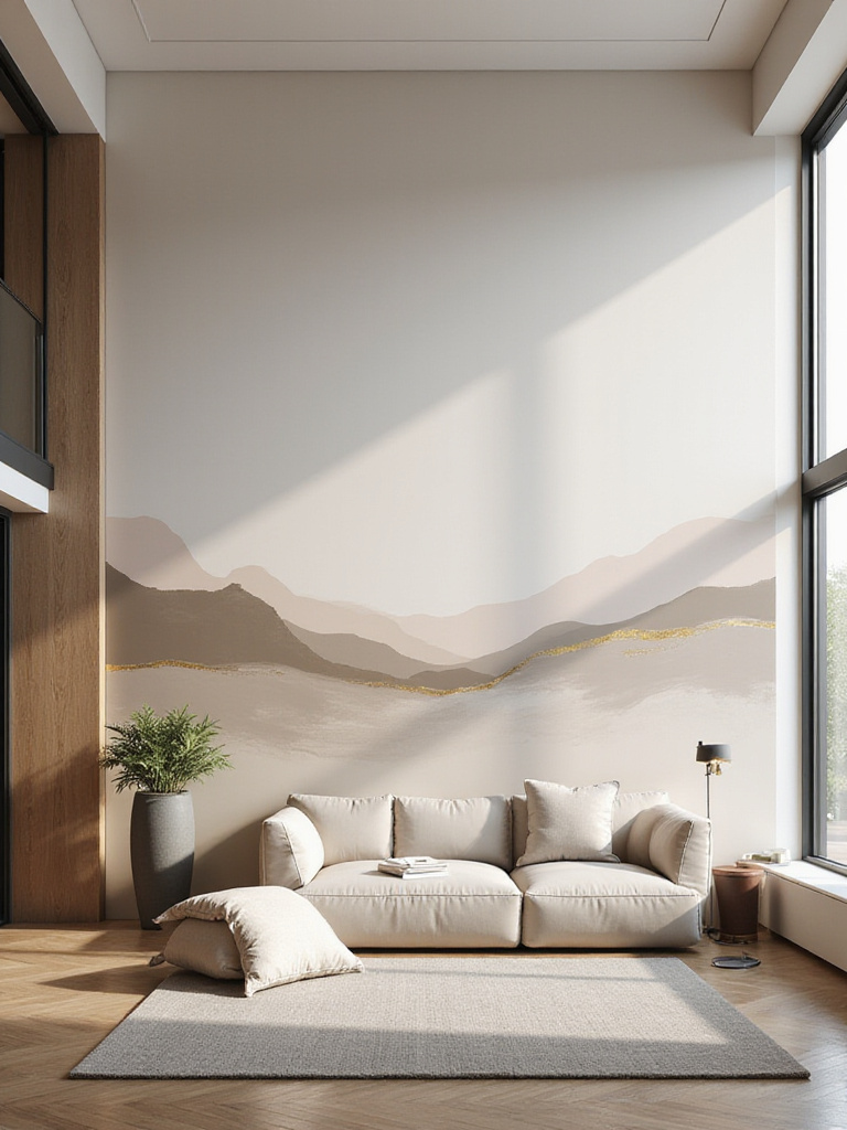 Living room with custom hand-painted abstract landscape mural