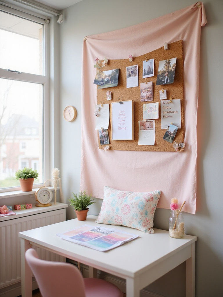 Creative corkboard display in a girl's bedroom showcasing photos, art, and inspirational quotes.