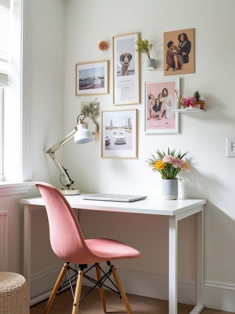 Teen bedroom with a creative gallery wall above a desk showcasing photos and art.
