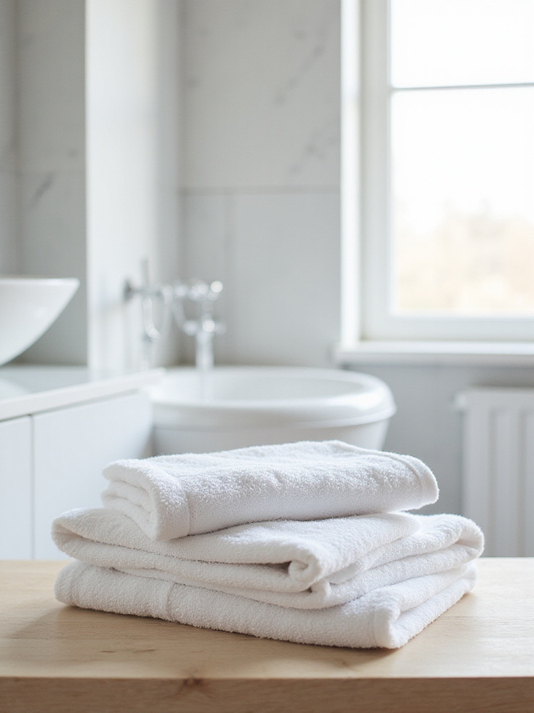 Stack of crisp white towels on a bathroom shelf.