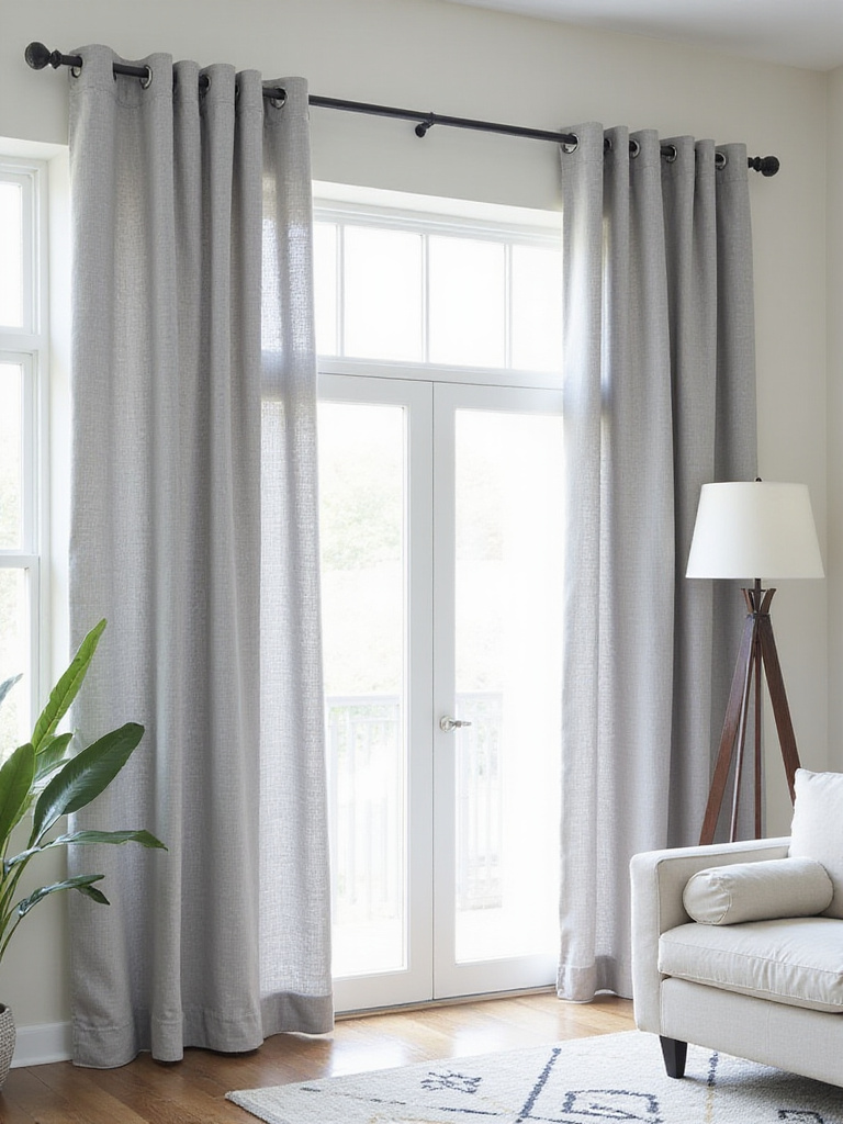 Modern living room with light gray grommet top curtains on a black rod.