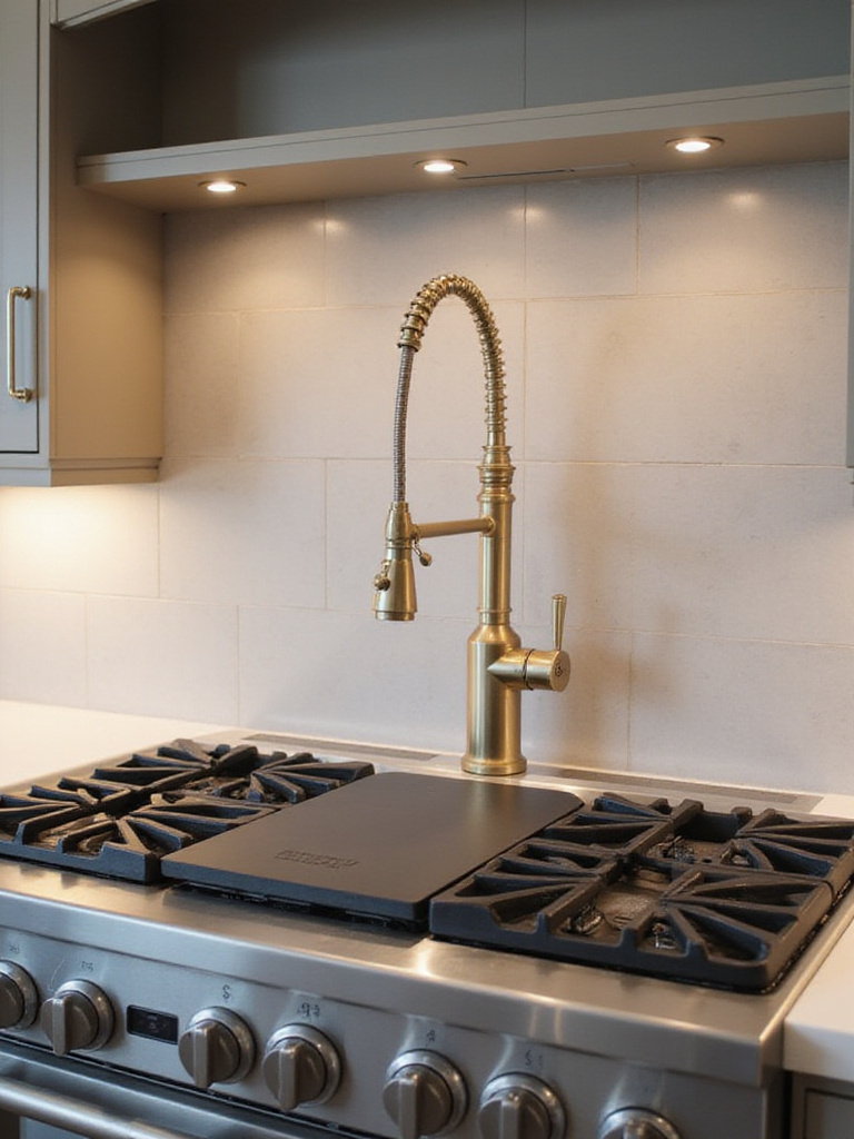 Luxury kitchen cooktop with stainless steel range and brushed gold pot filler faucet.