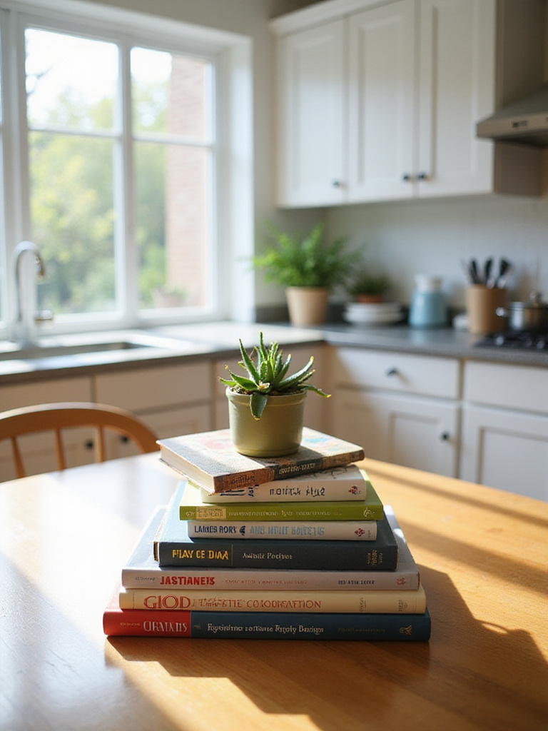 Kitchen table centerpiece featuring stacked cookbooks and a succulent plant