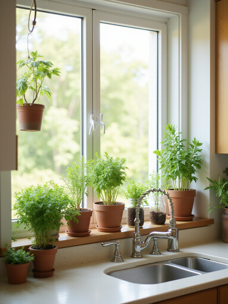 Indoor kitchen garden with herbs and plants on a sunny windowsill