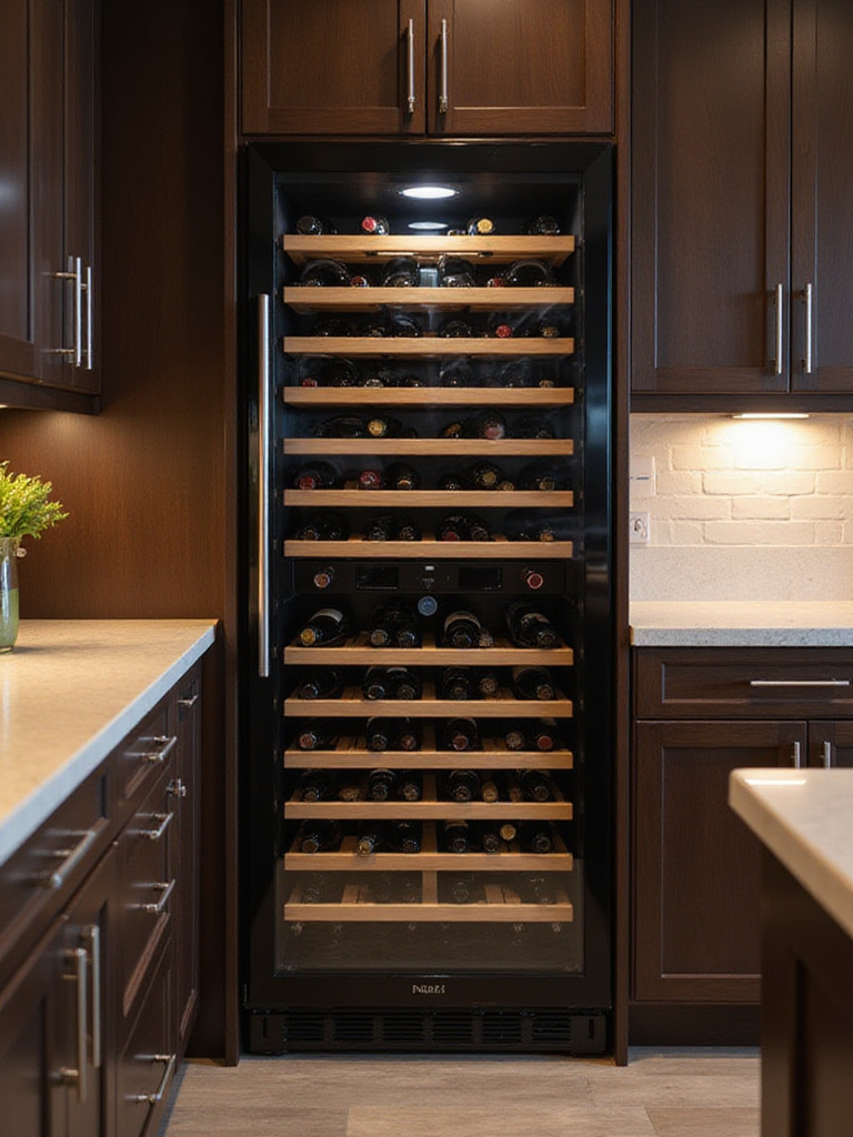 Luxury kitchen with integrated wine refrigerator showcasing a curated wine collection