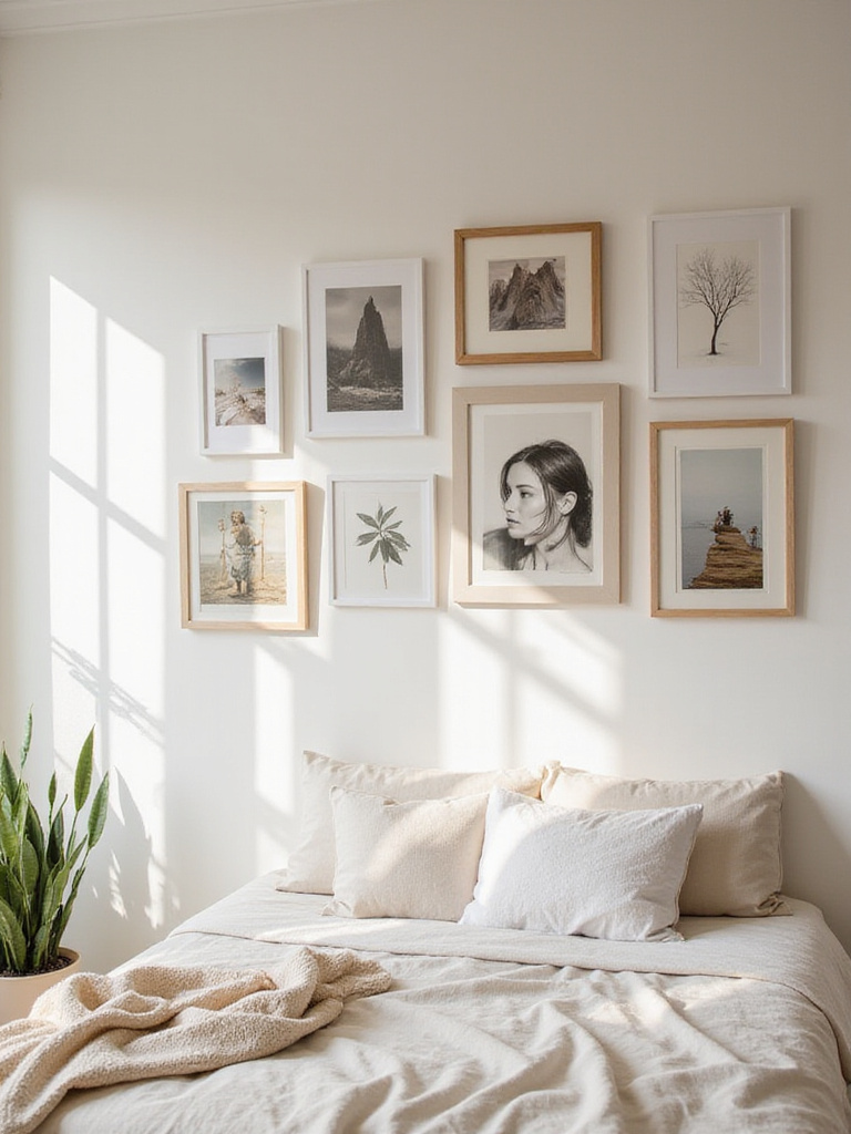 Bedroom with curated gallery wall featuring framed art and photographs.