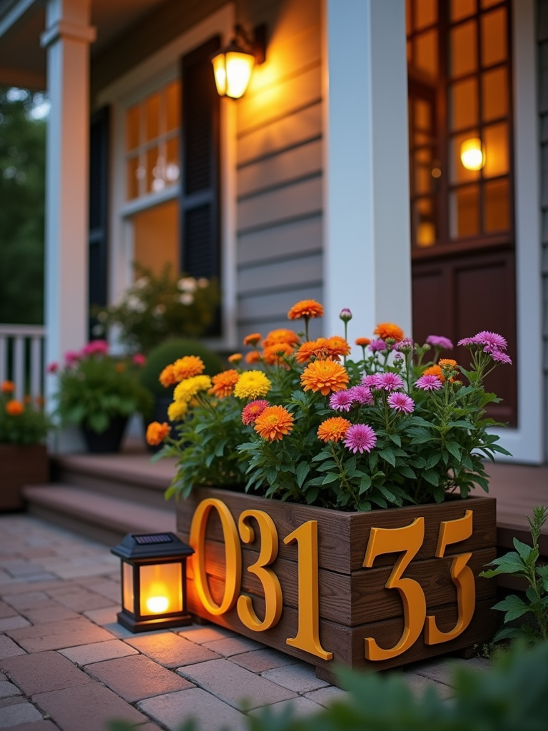 Porch decor featuring address numbers on a planter box, enhancing curb appeal.