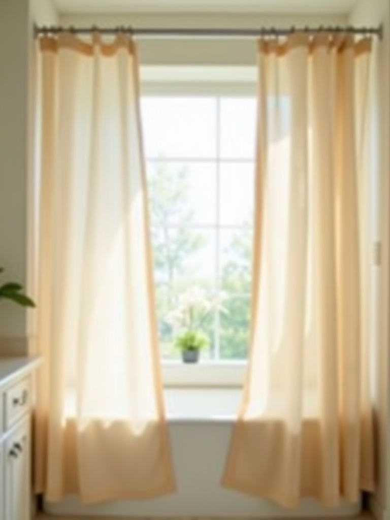 Small bathroom with a light beige sheer shower curtain allowing light to filter through, creating a spacious feel.