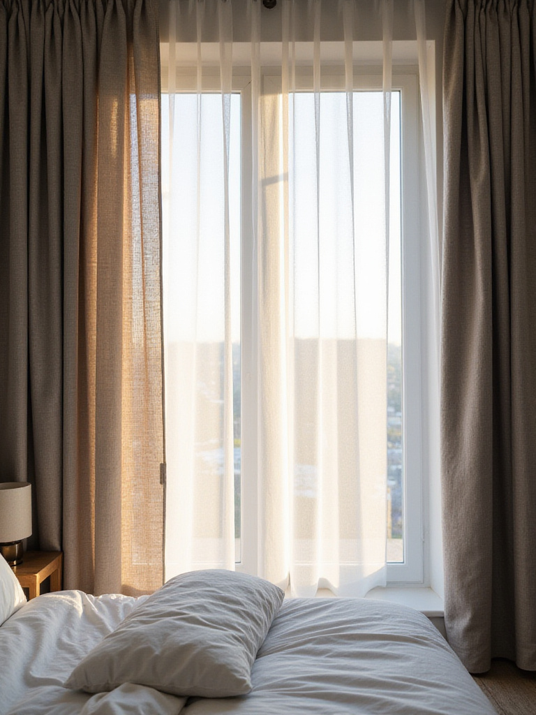 Bedroom window with layered sheer and grey textured curtains, creating soft light and privacy.