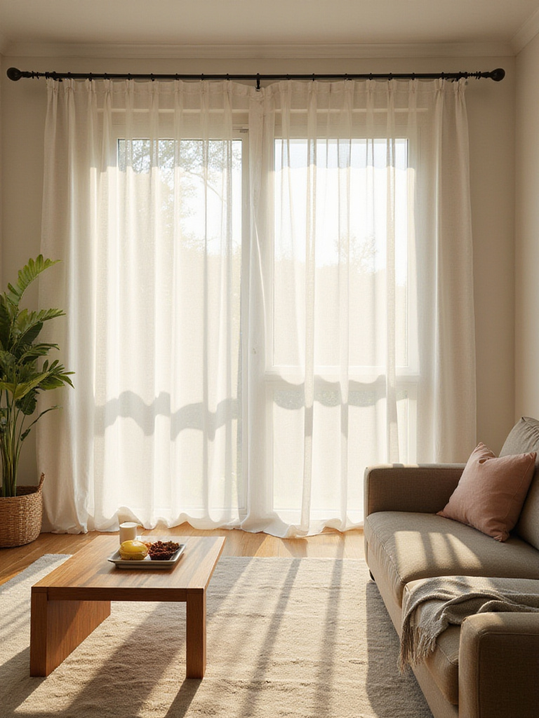 Living room with sheer linen curtains filtering sunlight, creating a warm and inviting ambiance.