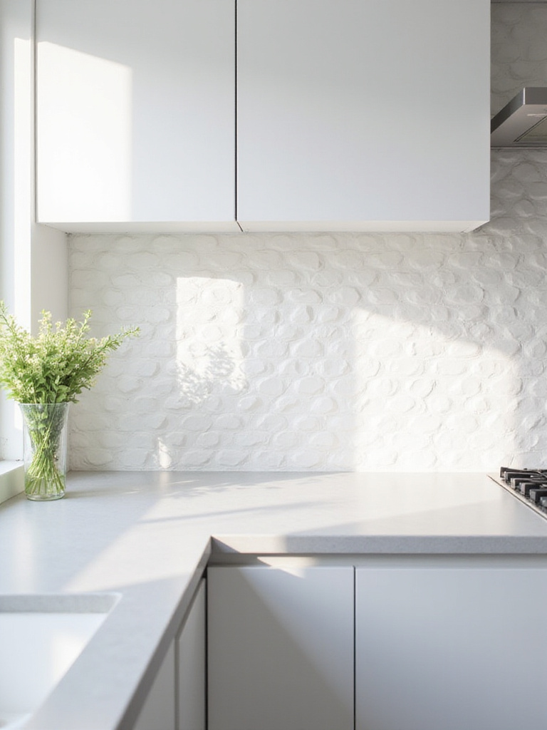 Modern kitchen backsplash with textured 3D white ceramic tiles in a wave pattern.