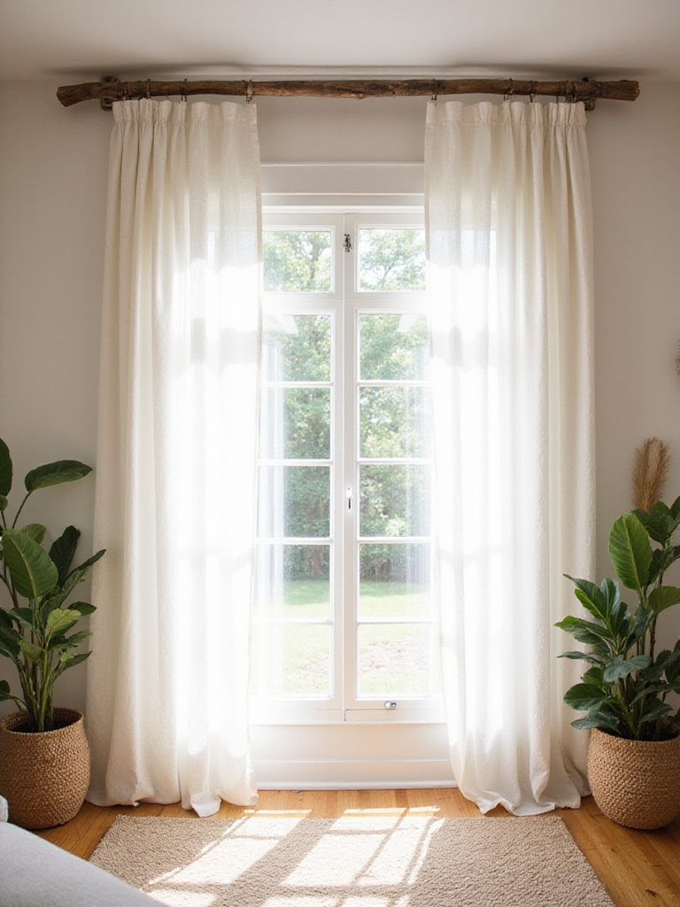 Living room featuring DIY curtain rod made from a tree branch
