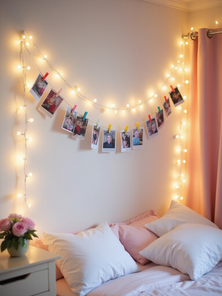 Girl's bedroom with a DIY photo garland strung with fairy lights and candid photos.