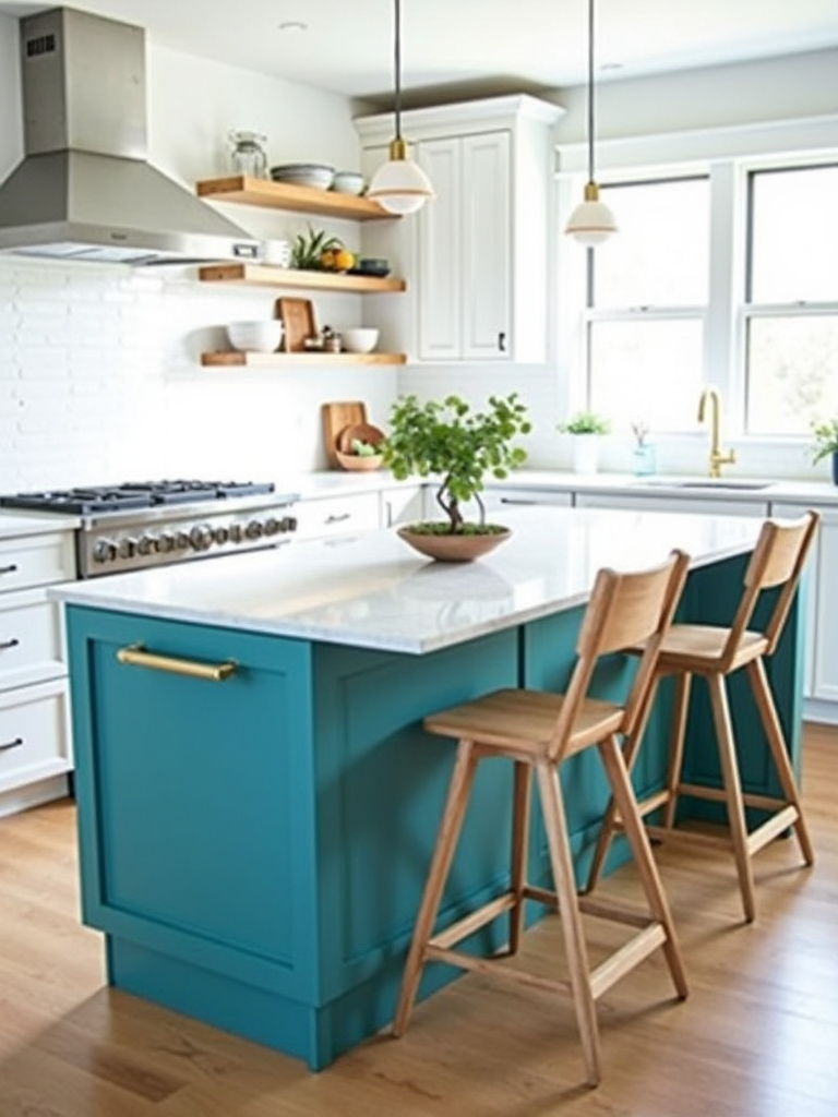 Teal blue kitchen island with brass hardware in a modern kitchen