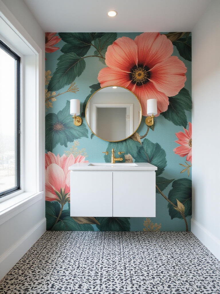 Modern bathroom with bold floral wallpaper and geometric tile flooring.