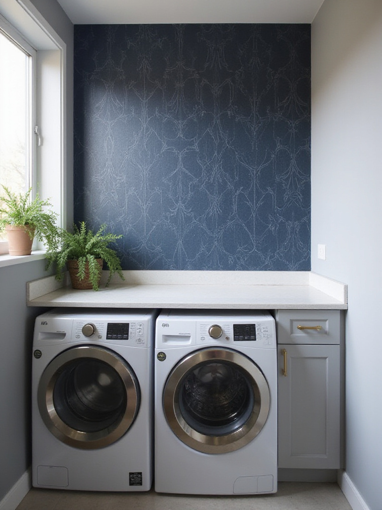 Dark navy blue geometric wallpaper in a modern laundry room with light gray cabinets.