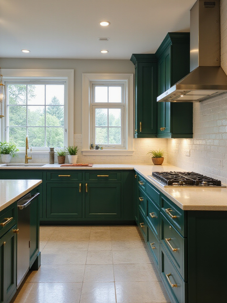 Modern kitchen with deep green cabinets and gold hardware